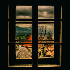 Window View Castle on a Mountain Hill Bled Lake Slovenia Europe Alps