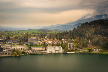 Fototapeta na wymiar Lake Bled Slovenia City Landscape Skyline Europe Alps