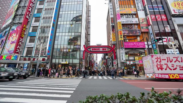 shinjuku, Tokyo, Japan- February 6, 2019: 4K time lapse video of Kabukicho street very famous shopping center city street and the entertainment district in Japan.