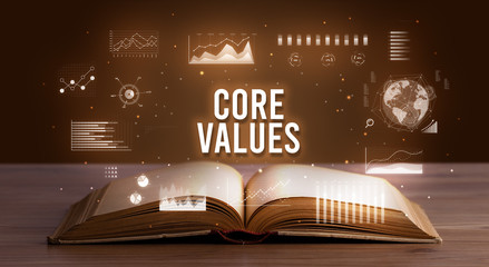 CORE VALUES inscription coming out from an open book, creative business concept