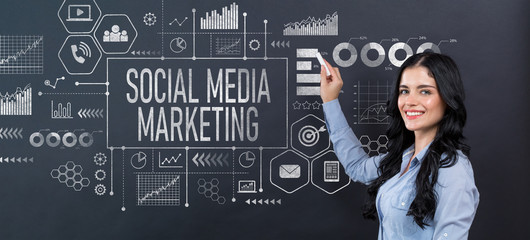 Social media marketing concept with young woman writing on a blackboard