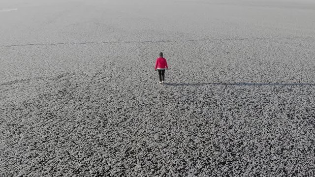 Girl ice skating roll on a frozen huge pond. View from above. Snc with a quadcopter