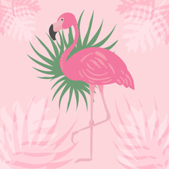Vector illustration of a cute pink flamingo. Exotic bird on a botanical background. Flat illustration.