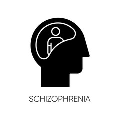 Schizophrenia glyph icon. Unclear thinking. Confused mind. Mental disorder. Paranoia, anxiety. Abnormal behaviour. Clinical psychology. Silhouette symbol. Negative space. Vector isolated illustration