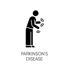 Parkinson's disease glyph icon. Movement, walking difficulty. Shaking and rigidity. Parkinsonism. Parkinsonian syndrome. Mental health. Silhouette symbol. Negative space. Vector isolated illustration