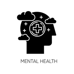 Mental health glyph icon. Emotional wellness. Treatment and consultation. Stress relief and wellbeing. Psychological support. Calm mind. Silhouette symbol. Negative space. Vector isolated illustration