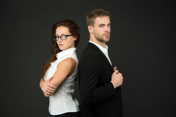 business couple. best business team. partnership concept. sexy formal couple. office fashion and corporate attire. woman boss wear glasses. businessman ceo man in suit. businesswoman and employee