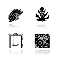 Indonesia drop shadow black glyph icons set. Tropical country plants. Trip to Indonesian islands. Exploring exotic culture traditions. Unique souvenirs. Floating market. Isolated vector illustrations