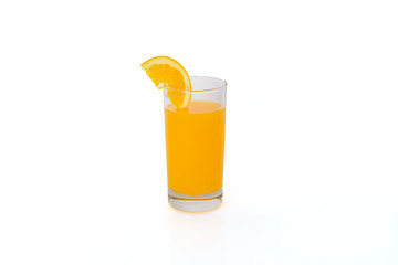 glass of juice and orange isolated on white