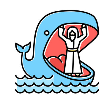 recommend clip art: Jonah and whale blue color icon. Old Testament story. Jonahs miraculous return from jaws of huge fish. Repentance and forgiveness. Bible narrative. Isolated vector illustration