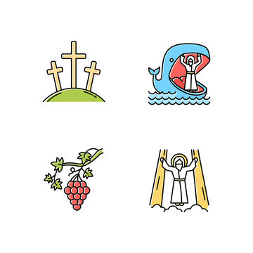 Bible narratives color icons set. Calvary, Jonah and whale, grapevine, ascension of Jesus Christ. Christian stories. Holy writ studying, learning. Isolated vector illustrations
