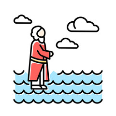 Jesus walking on water blue color icon. Miracles of Jesus Christ. Savior on water surface offering open hand and waching to heaven. New Testament. Bible narrative. Isolated vector illustration