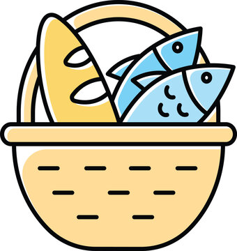Bread and fish in basket yellow color icon. Feeding the multitude. Holy week. Miracle of Christ. Blessing food from Bible. New Testament. Bible narrative. Gospel story. Isolated vector illustration
