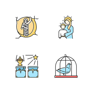 Bible narratives color icons set. Resurrected Lazarus, Virgin Mary with son Jesus, gifts of the magi, pigeon in cage. Easter week. Gospel stories. Holy writ. Isolated vector illustrations