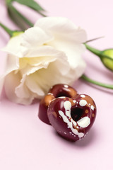 White Eustoma Flower Tasty Homemade Candy in Shape of Hearts on Pink Background Valentine Day Concept or Card Holiday Background Above