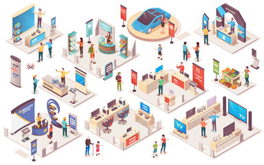Expo center and trade show exhibition product display stands, vector isometric icons. Promo trade exposition demo stands and showcase booth racks or information desks, visitors and consultants people - obrazy, fototapety, plakaty
