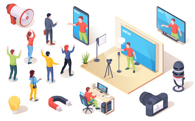 Social influencer, brand opinion leader and marketing audience influence, vector isometric icons. People following influencer blogger and social media authority and digital SMM marketing concept
