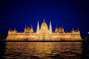 Budapest Hungary Parliament Building at Night from Danube River