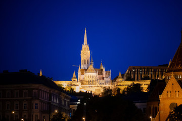 Obraz premium Budapest Hungary Fisherman's Bastion at Night from Danube River