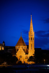 Budapest Hungary Church at Night from Danube River