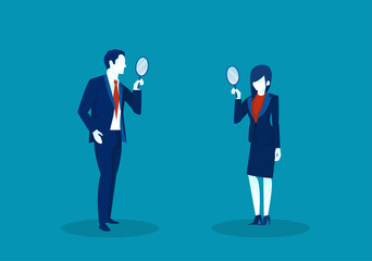Vector of a business man and business woman looking at each other through magnifying glasses.