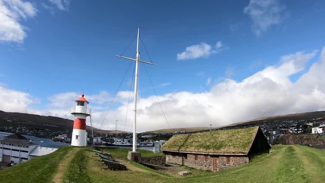 Thorshavn, Faroe Islands - August 2019: Lighthouse of Torshavn inside fort of Torshavn