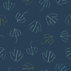 Vector Rain Coats and Umbrellas in Green Line Art on Dark Blue Background Seamless Repeat Pattern. Background for textiles, cards, manufacturing, wallpapers, print, gift wrap and scrapbooking.