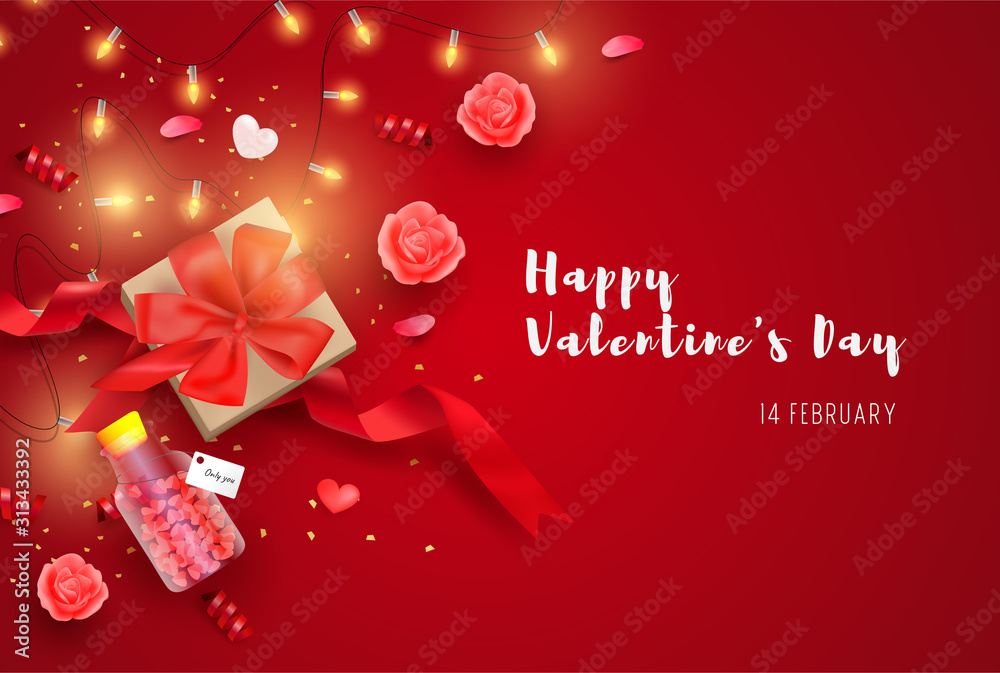 Wall mural Happy Valentine's Day banner with Realistic elements, gifts box and glitter. Valentine background design vector illustration.