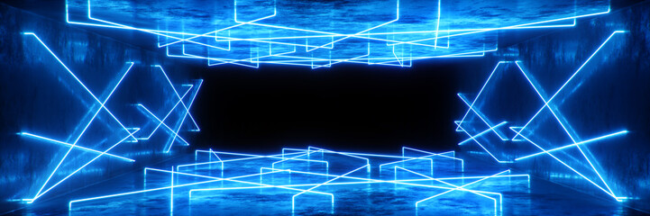 Abstract blue interior or corridor with neon light. Fluorescent lamp. Futuristic architecture background. 3d illustration of neon lamps that illuminate interior space. Mock-up for your design project