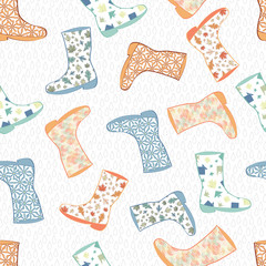 Vector Blue, Green, Orange Printed Boots on White Background with Rain Drops Seamless Repeat Pattern. Background for textiles, cards, manufacturing, wallpapers, print, gift wrap and scrapbooking.