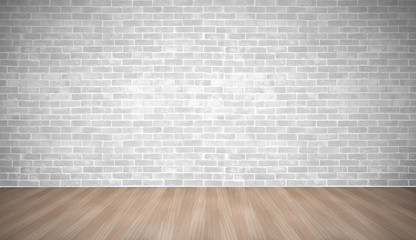 Modern vintage white brick wall on brown plank wood floor wiht lighting background and texture