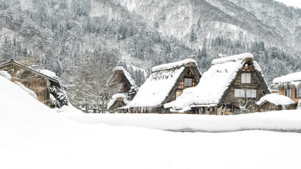 Beautiful landscape view of world heritage shirakawago village with snow in winter season , gifu, japan