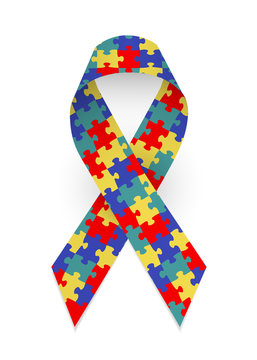Colorful satin puzzle ribbon as symbol autism awareness. Isolated vector illustration on white background