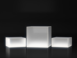 White pedestal with white light glow on dark background, blank product stand. 3D rendering.