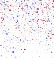 Flying red blue white star sparkles on white vector american patriotic background.