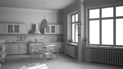 Total white project draft, retro vintage kitchen with marble floor and windows, dining room, table with wooden chairs, potted plants, radiators, pendant lamp, cozy interior design