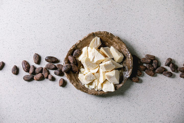 Chopped pieces of raw organic cocoa butter in craft ceramic plate and cocoa beans over grey spotted background. Flat lay, copy space