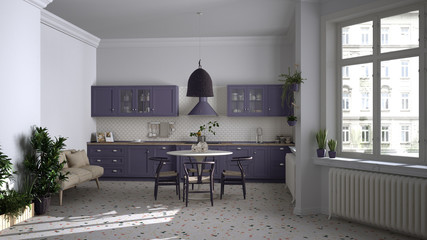 Retro white and purple vintage kitchen with terrazzo marble floor, panoramic windows, dining room, round table with wooden chairs, potted plants, radiator, lamp, interior design
