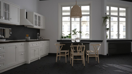 Retro white and gray vintage kitchen with terrazzo marble floor, panoramic windows, dining room, round table with wooden chairs, potted plants, radiator, pendant lamp, interior design