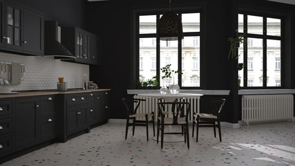Retro white and gray vintage kitchen with terrazzo marble floor, panoramic windows, dining room, round table with wooden chairs, potted plants, radiator, pendant lamp, interior design