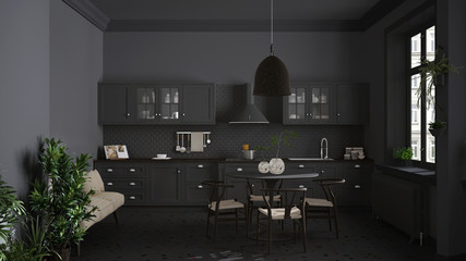 Retro gray vintage kitchen with terrazzo marble floor and panoramic windows, dining room, round table with wooden chairs, potted plants, radiators, pendant lamp, cozy interior design