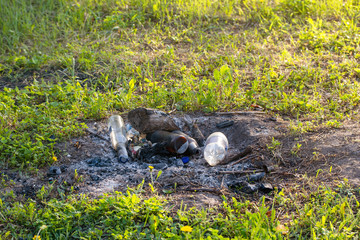 Plastic bottles are recycled on green grass. A pile of plastic on green grass. Melted plastic bottles