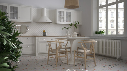 Retro white vintage kitchen with terrazzo marble floor and panoramic windows, dining room, round...