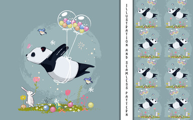 little panda flying with balloons illustration for kids