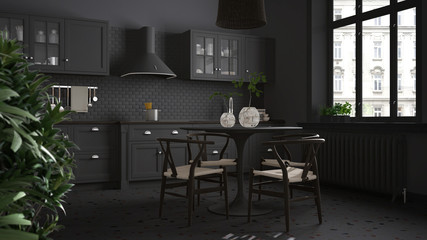 Retro gray vintage kitchen with terrazzo marble floor and panoramic windows, dining room, round table with wooden chairs, potted plants, radiators, pendant lamp, cozy interior design