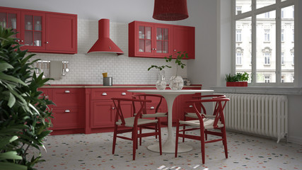 Retro white and red vintage kitchen with terrazzo marble floor, panoramic windows, dining room, round table with wooden chairs, potted plants, radiator, pendant lamp, interior design