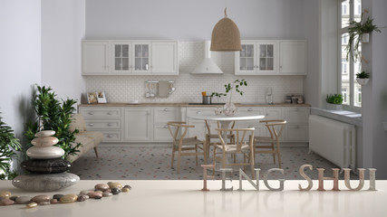 White table shelf with pebble balance over retro white kitchen and dining room, herringbone parquet floor, zen concept interior design