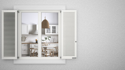 Exterior plaster wall with white window with shutters, showing retro kitchen with dining room, blank background with copy space, architecture design concept idea, mockup template