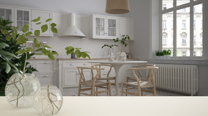 White table top or shelf with glass vase with hydroponic plant, ornament, root of plant in water, branch in vase, house plant, kitchen and dining room background, interior design