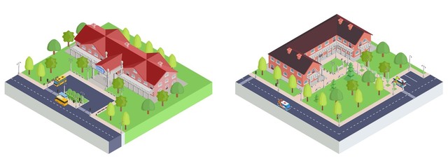collection of isometric icons museum and school